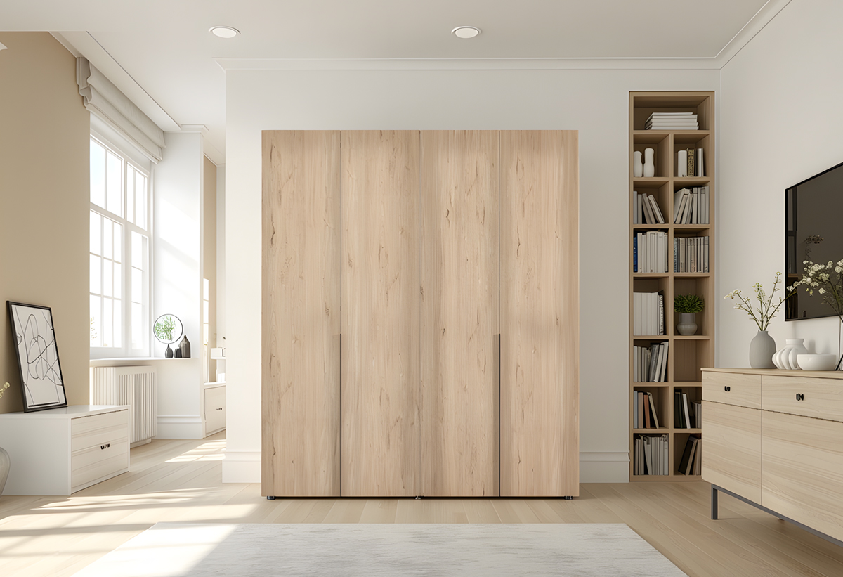 Απεικονίζεται η ντουλάπα σε δωμάτιο με διάφορα άλλα έπιπλα τριγύρω.